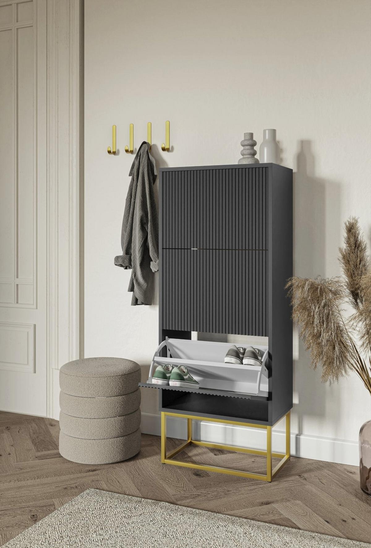 SCHUHSCHRANK Veldio mit 3 Klappen Schwarz mit goldenem Metallgestell 50 cm - Goldfarben/Schwarz, Holzwerkstoff/Metall (50/125/30cm) - Selsey