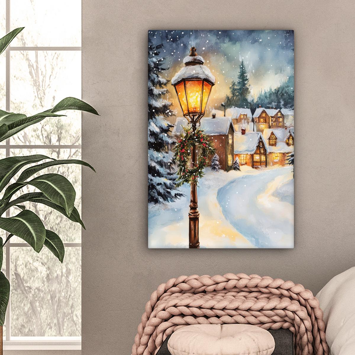 LEINWANDBILD Weihnachtsdorf - Häuser - Schnee - Weihnachten Wanddeko Schlafzimmer 60x90 cm - Sandfarben, Textil (60/90cm) - MuchoWow