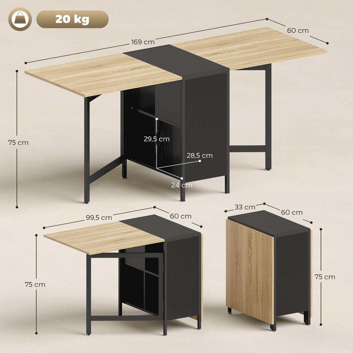 KLAPPTISCH Esstisch Beistelltisch Eiche Metallrahmen Küche Wohnzimmer Braun+Schwarz - Schwarz/Braun, Holzwerkstoff/Metall (169/60/75cm) - HOMCOM
