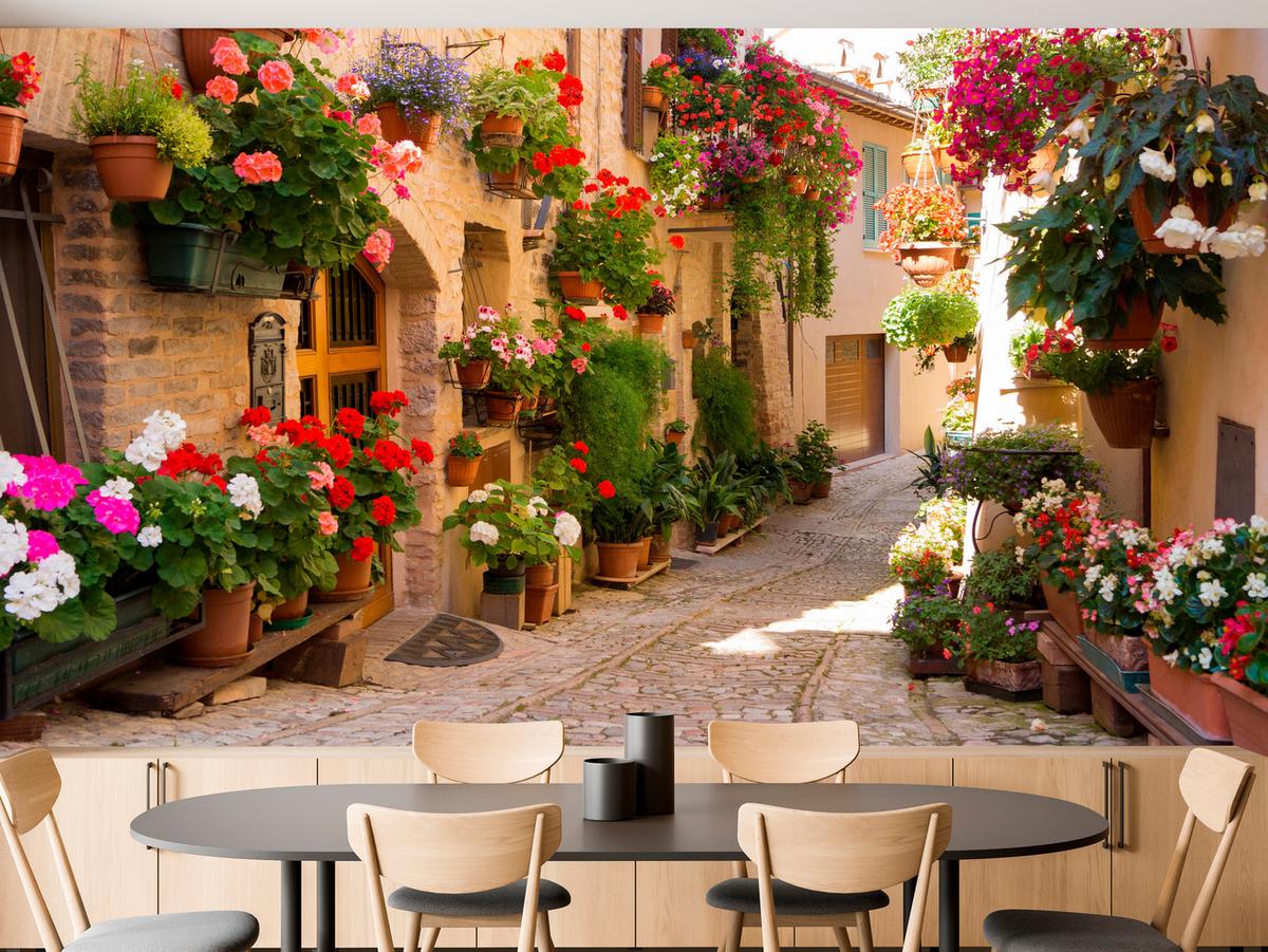 FOTOTAPETE für Wohnzimmer Italienische Steinstraße Blumen Pflanzene 350x256 - Beige/Rot, Papier (350/256cm) - Muralo