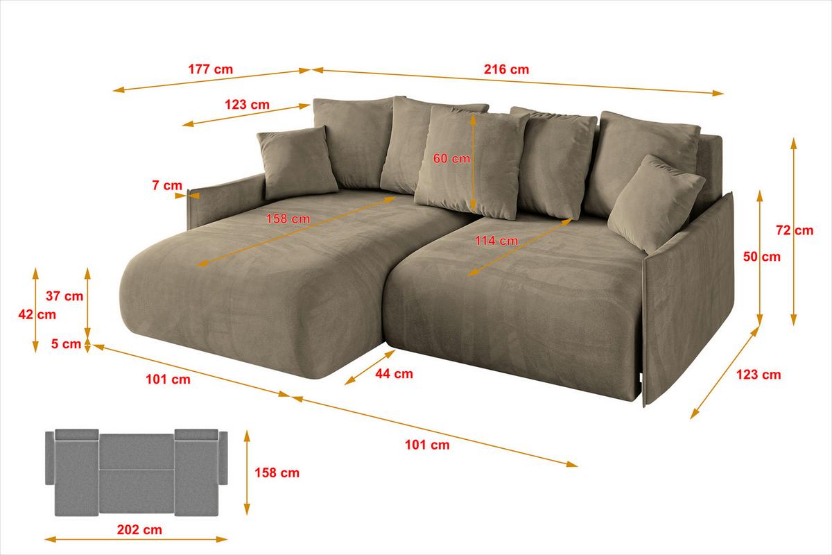 ECKSOFA Ottomane links ONESK-L-v1 216x177x72 Braun Velours - Braun, Holzwerkstoff/Kunststoff (216/177cm) - ALTDECOR