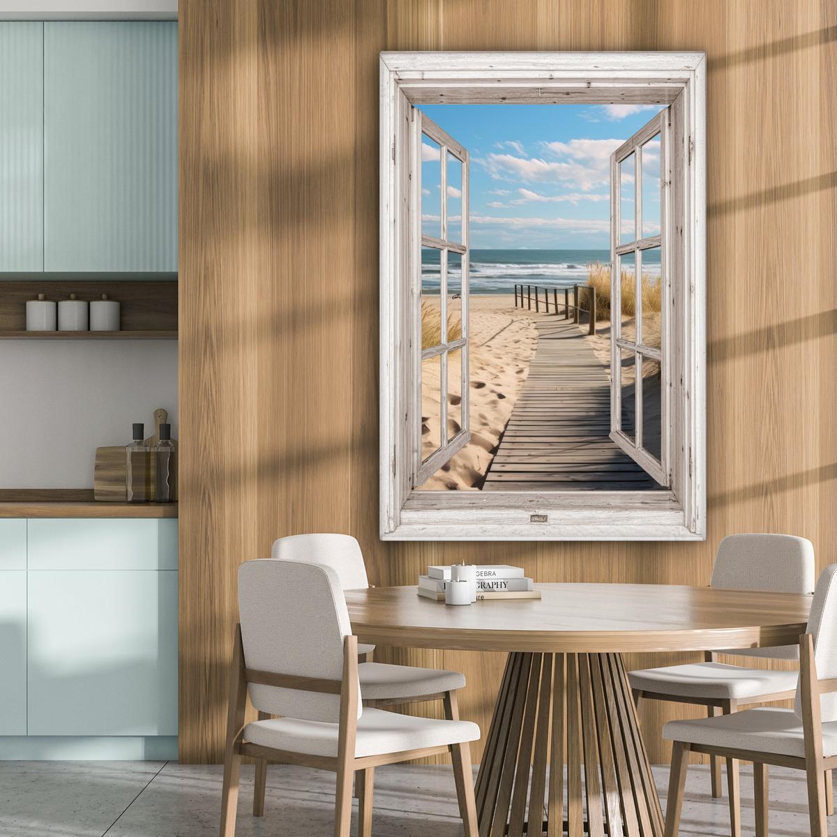LEINWANDBILD Fenster - Meer - Küste - Natur - Ausblick - Strand - Wattenmeer Deko XXL 80x120 cm - Beige, Textil (80/120cm) - MuchoWow