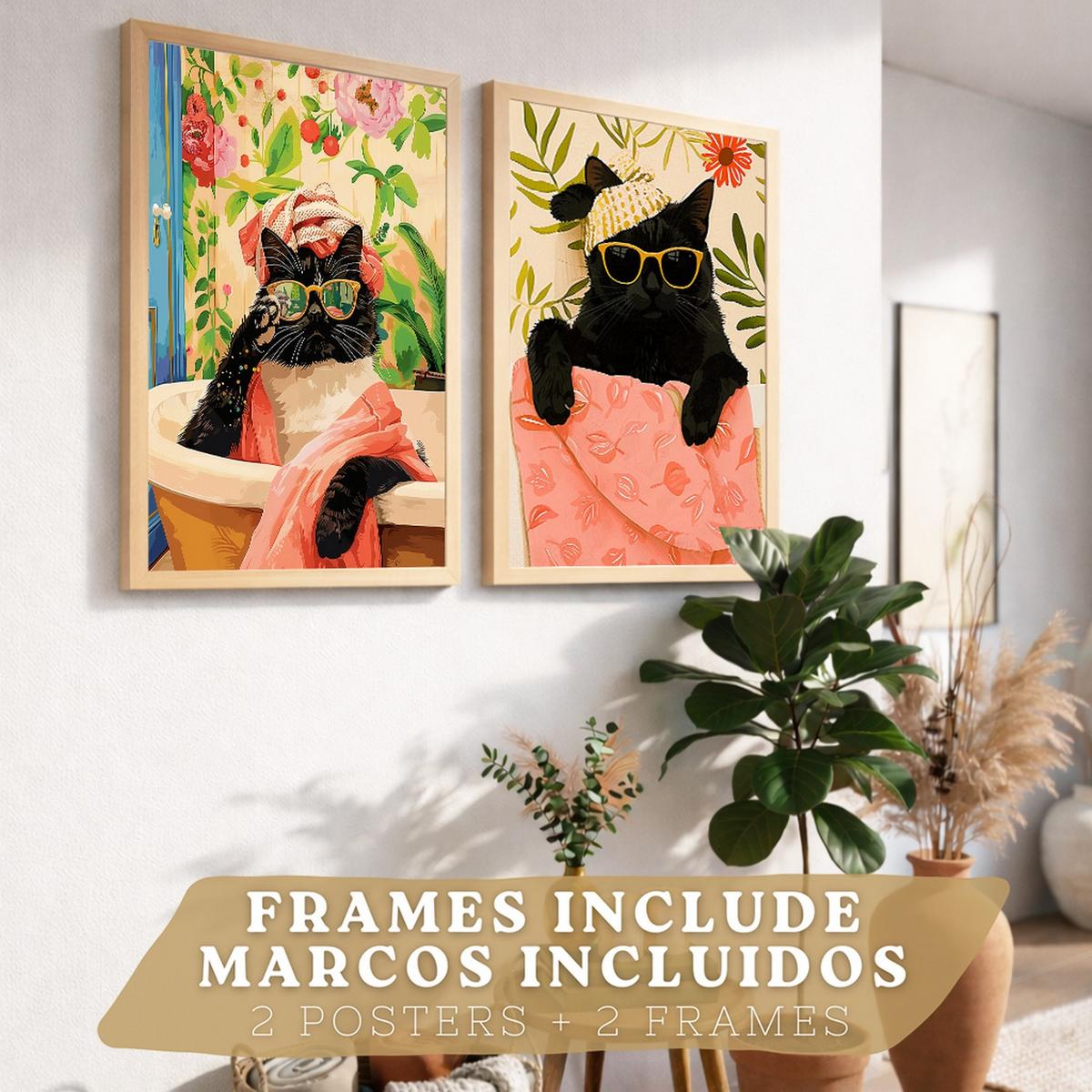 POSTER 2er Kunstdruck-Set Wandbilder Katzen Badezimmer modern Wohnzimmer Deko, Schlafzimmer, Küche Leichter Holzrahmen A3 - Beige, Papier (29.7/1/42cm) - Nacnic