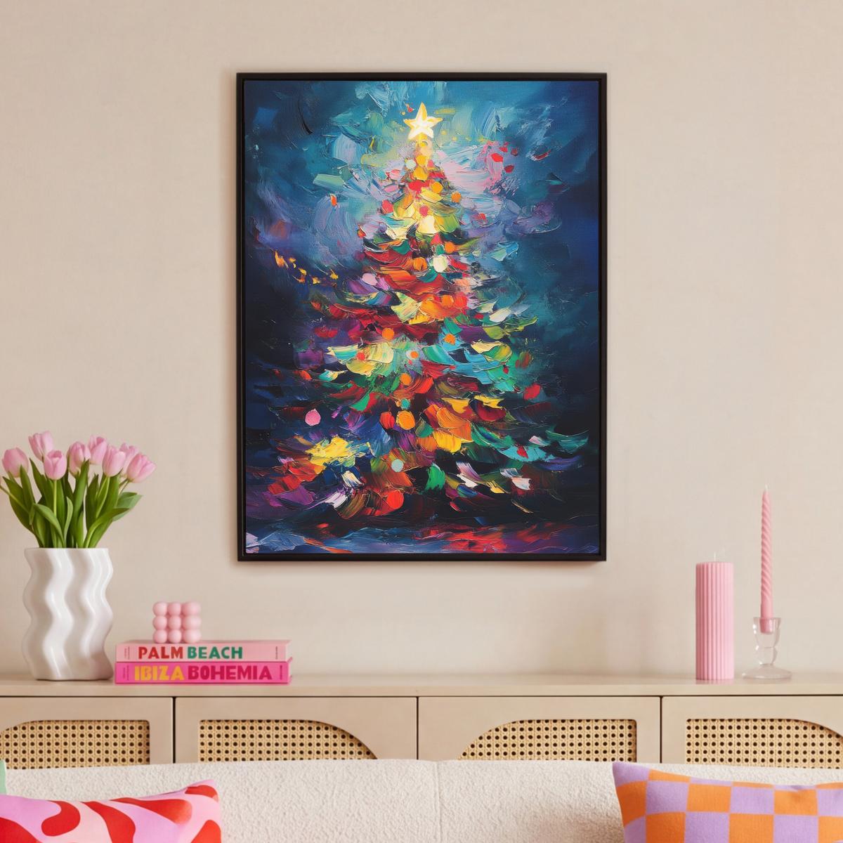 LEINWAND Bilder mit Rahmen - Weihnachtsbaum - Weihnachten - Abstrakt - Farbenfroh - 70x100 - Multicolor, Textil (70/100cm) - MuchoWow