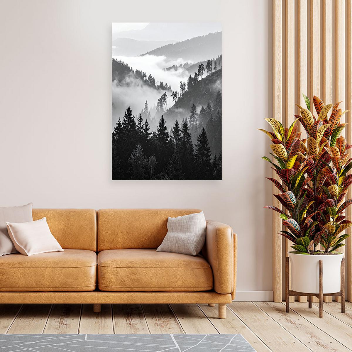 LEINWANDBILD Berge Wald Bäume Schwarz-Weiß 40x60cm - Schwarz, Textil (40/60cm) - Feeby