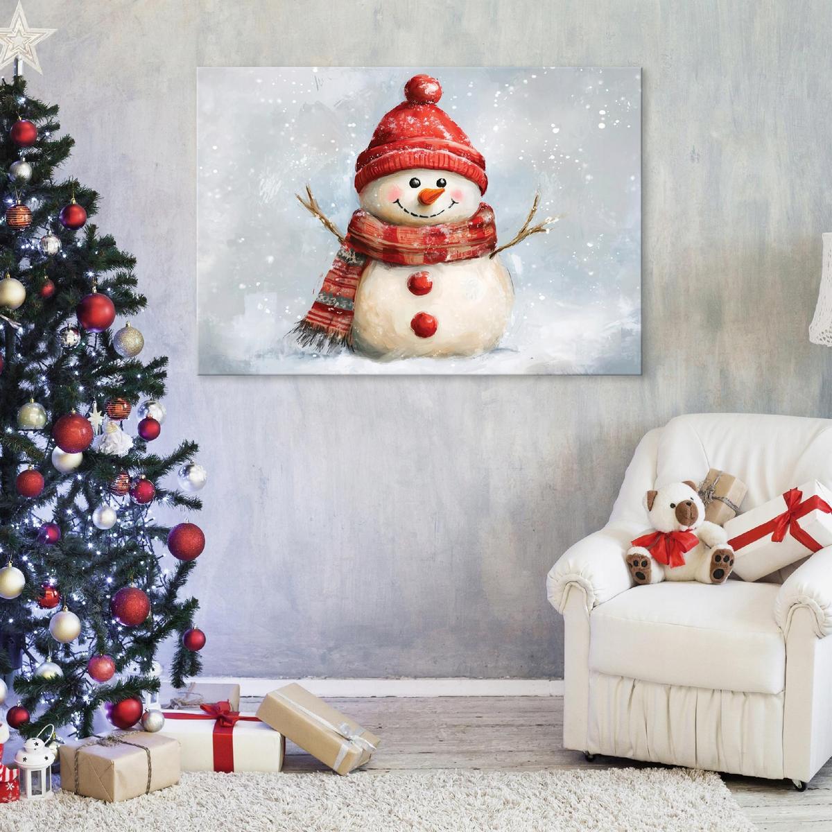 LEINWANDBILD Schneemann Schnee Rot 60x40 cm - Multicolor, Holzwerkstoff (60/40cm) - Wallarena
