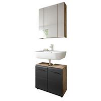 BADMÖBEL-SET 2-teilig schwarz matt, Eiche Nox, Set für Badezimmer und Gäste-WC, Breite 60 cm - Eichefarben/Schwarz, Glas/Holzwerkstoff (60/185/30cm) - Inn.Furn