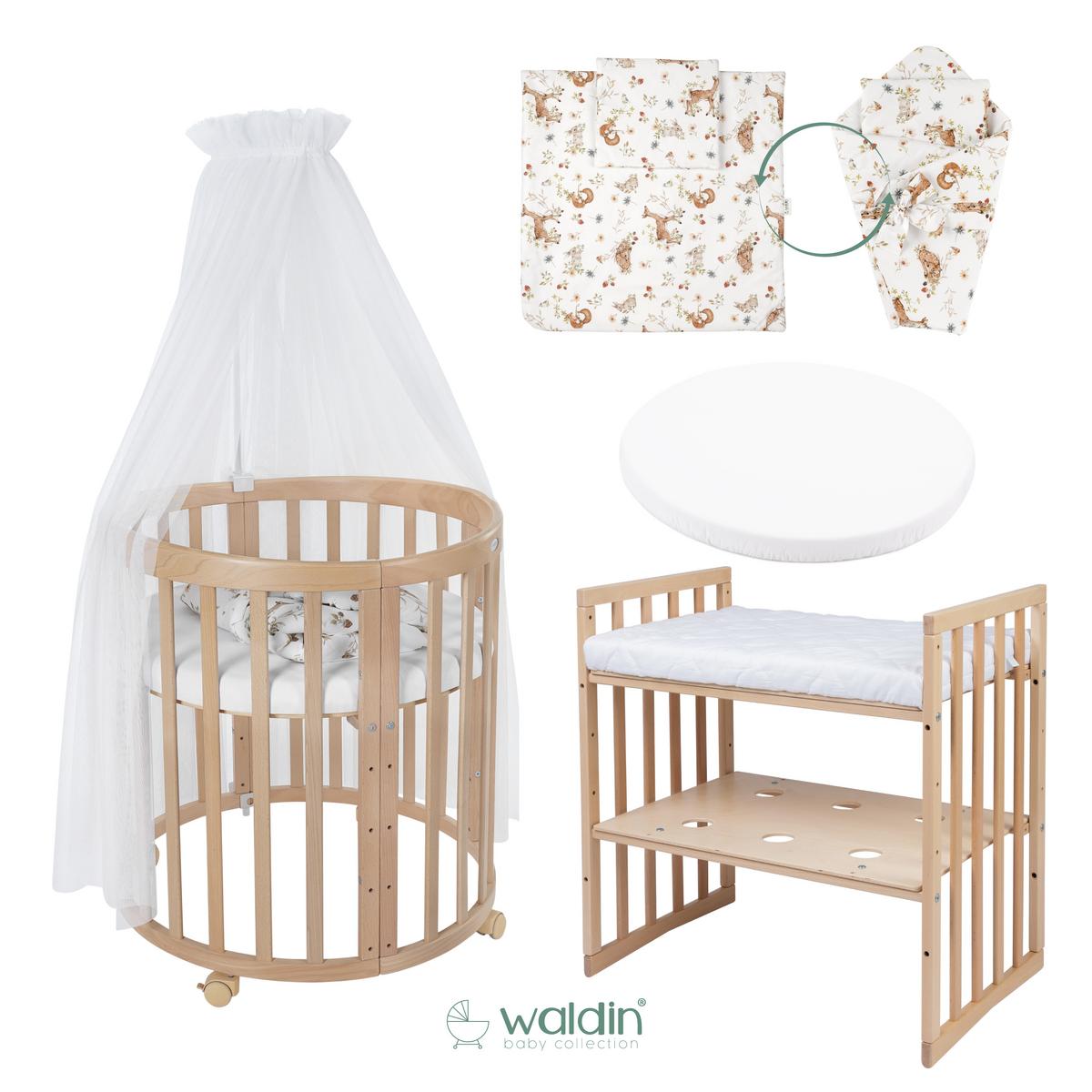 BABYBETT NATUR OVAL 7in1 mit Matratze und Himmelset - Multicolor/Naturfarben, Holz/Textil (73/125cm) - waldin