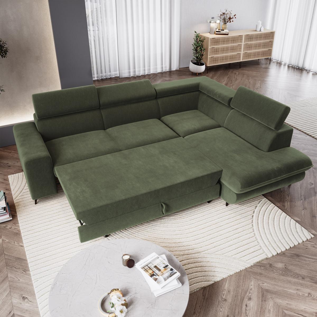 ECKSOFA VELISS Olivgrün Veloursstoff mit Schlaffunktion - Olivgrün, Holz (255/193cm) - MASSENO