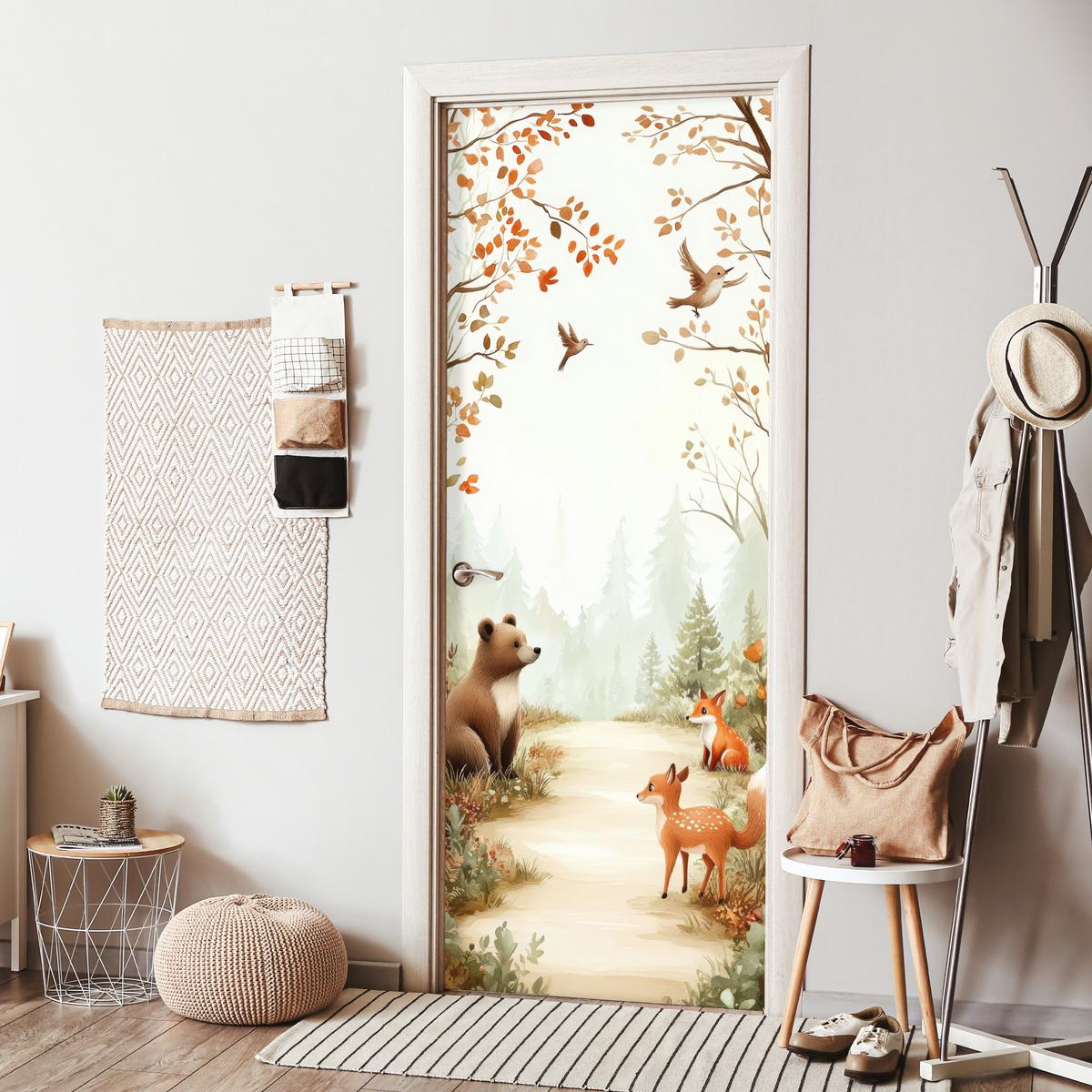TÜRAUFKLEBER Wald - Herbst - Waldtiere - Bär - Fuchs 90x235 cm - Türtapete - Kastanienfarben, Kunststoff (90/0.1cm) - MuchoWow