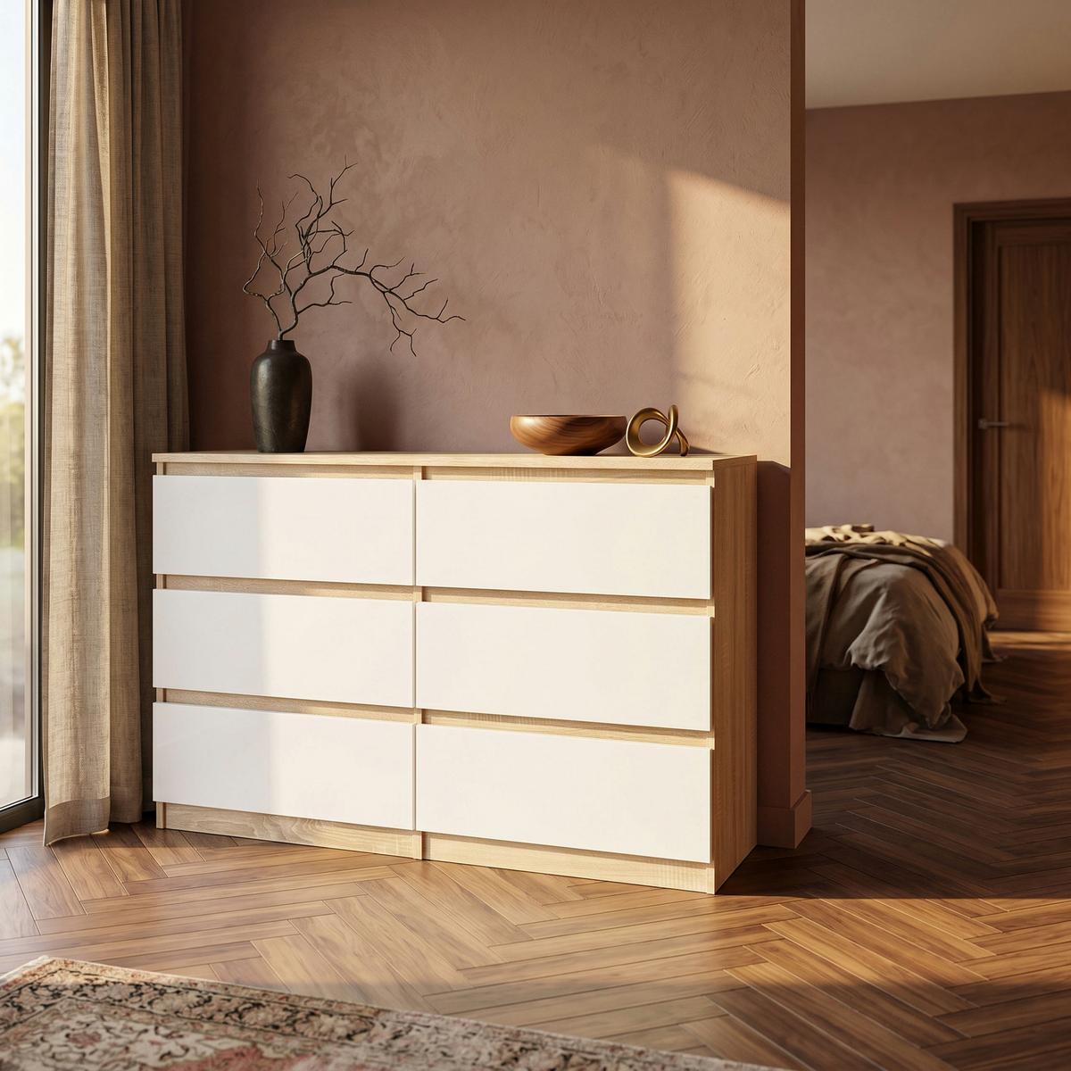 KOMMODE NUDO 138,5/78,5/39cm mit 6 Schubladen Türen Sonoma Eiche - Weiß/Sonoma Eiche, Holzwerkstoff (138.5/78.5/39cm) - MASSENO