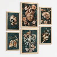 POSTER Kollektion aus 6 Anatomie Drucke und mit Herz Schädel Lungen Nieren und Gehirn Pergament Hintergrund dekoration Leichter Holzrahmen A3 & A4 - Beige, Papier (21/29.7/3cm) - Nacnic