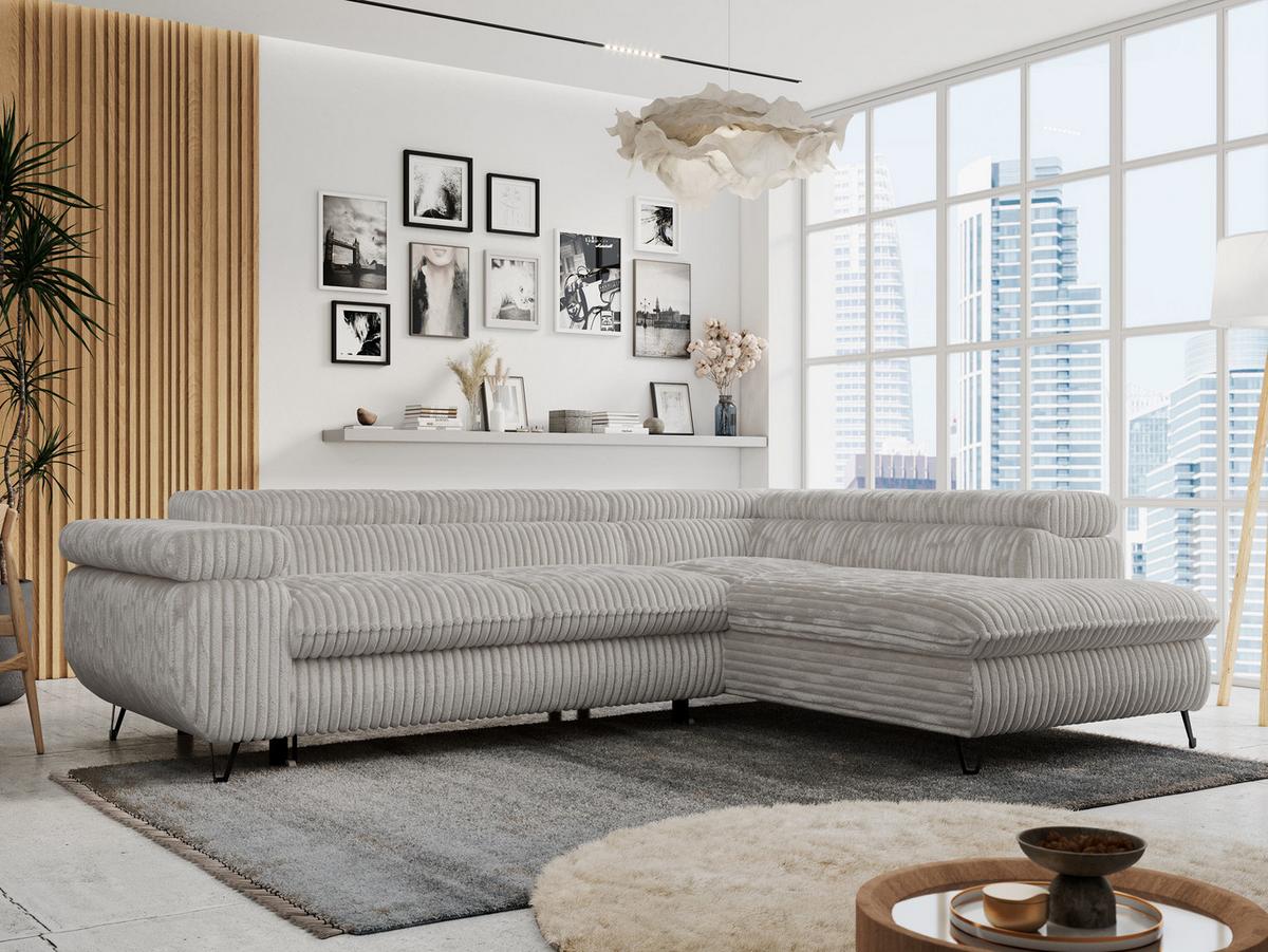 ECKSOFA PETER L Hellgrau Cord - Rechts Seite - Hellgrau/Schwarz, Textil/Metall (273/208cm) - MKS