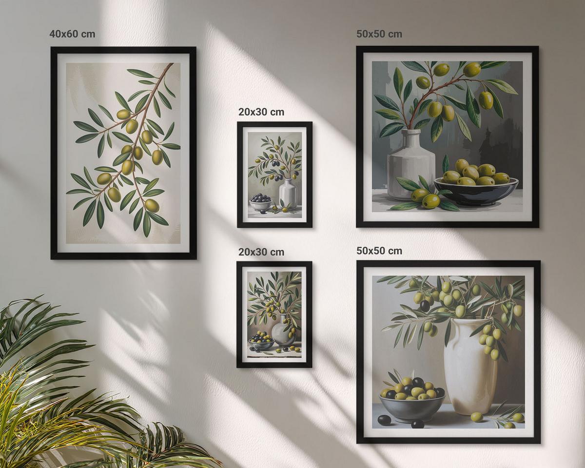 BILDER SET 5er Set - 50x50 cm & 20x30 cm & 40x60 cm Schwarzer Rahmen - Oliven in grauen Vasen - Schwarz, Kunststoff (40/60cm) - TULUP