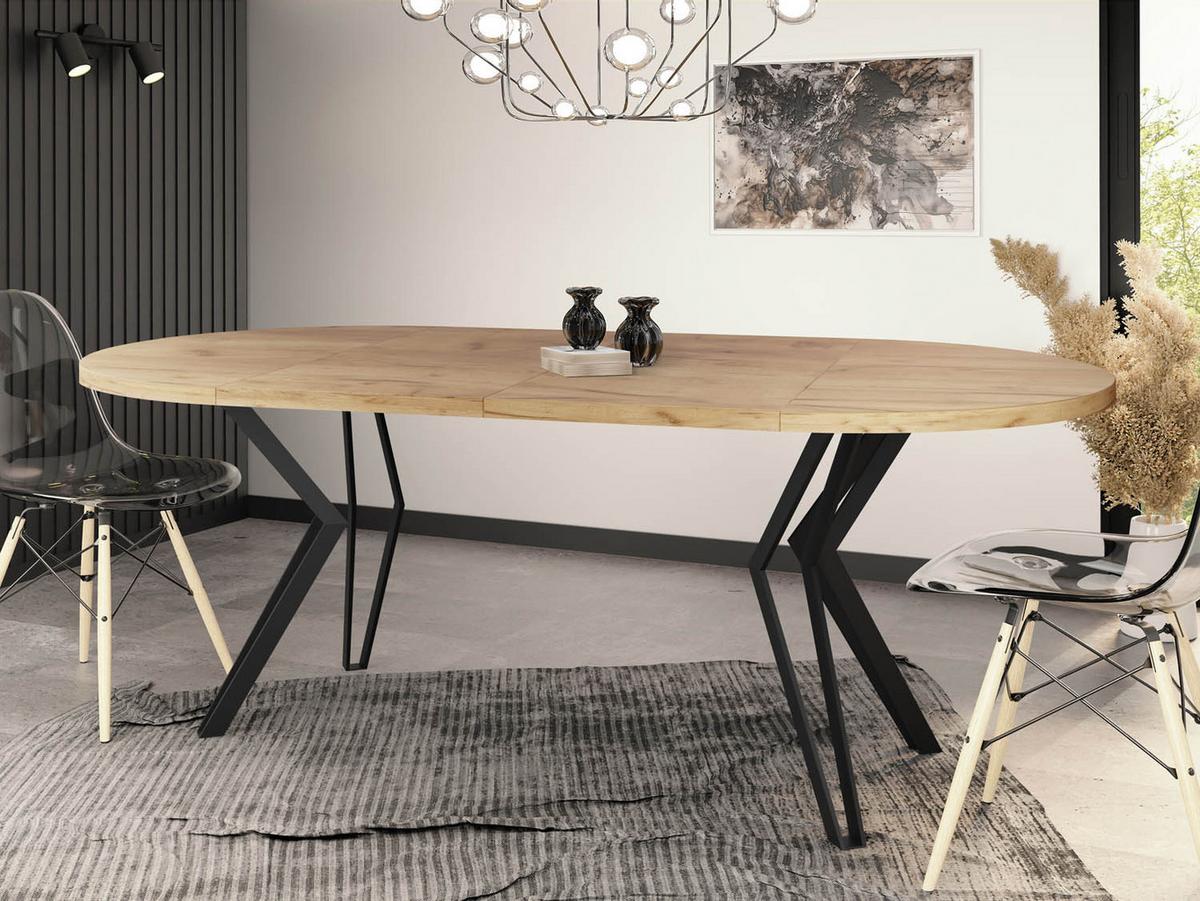 ESSTISCH Revena runder ausziehbarer, Craft Eiche 120-200/120/76 cm - Eiche Wotan/Schwarz, Holzwerkstoff/Metall (120/200/76cm) - WFL GROUP