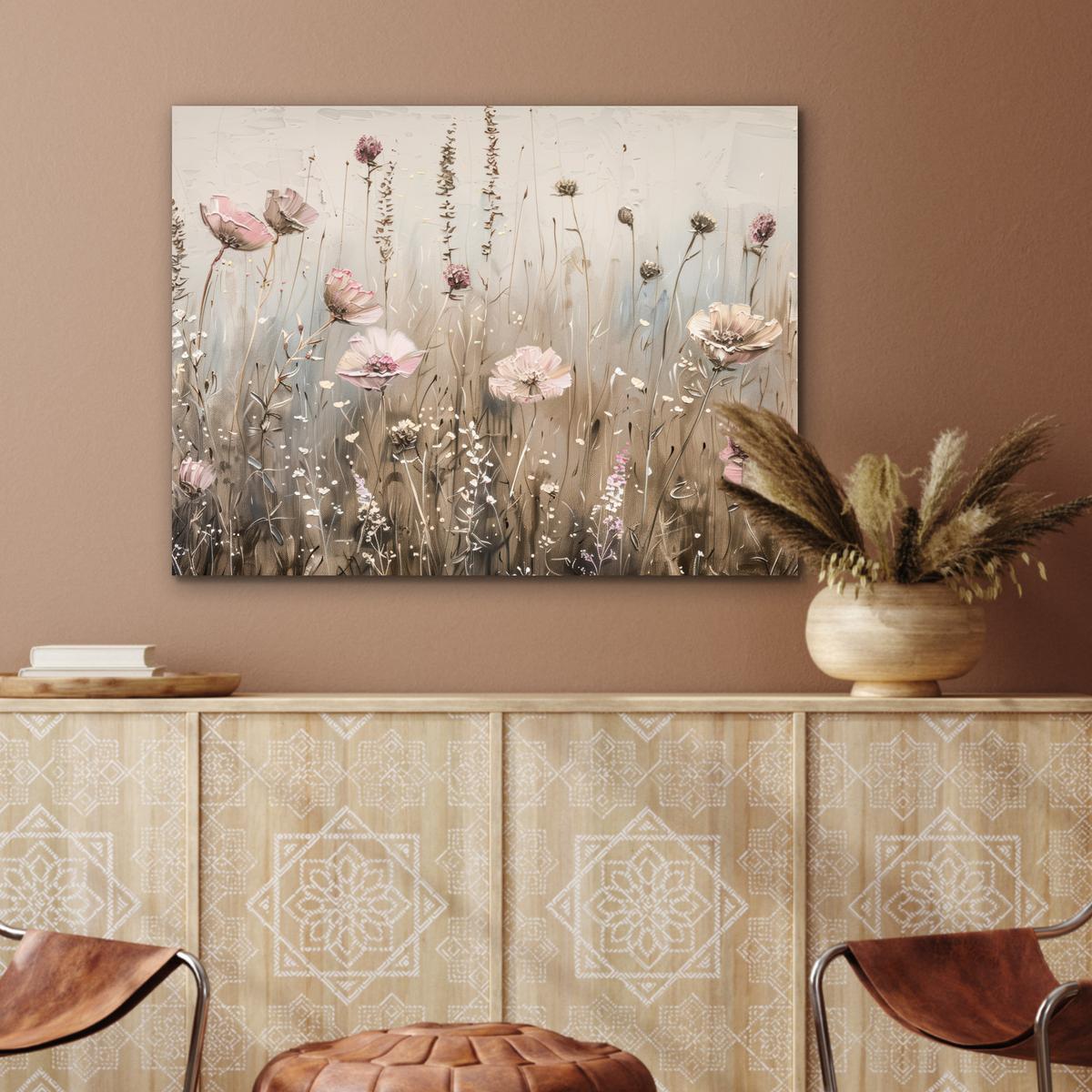 METALLBILD Blumen - Rosa - Modern - Beige 80x60 cm - Beige, Metall (80/60cm) - MuchoWow