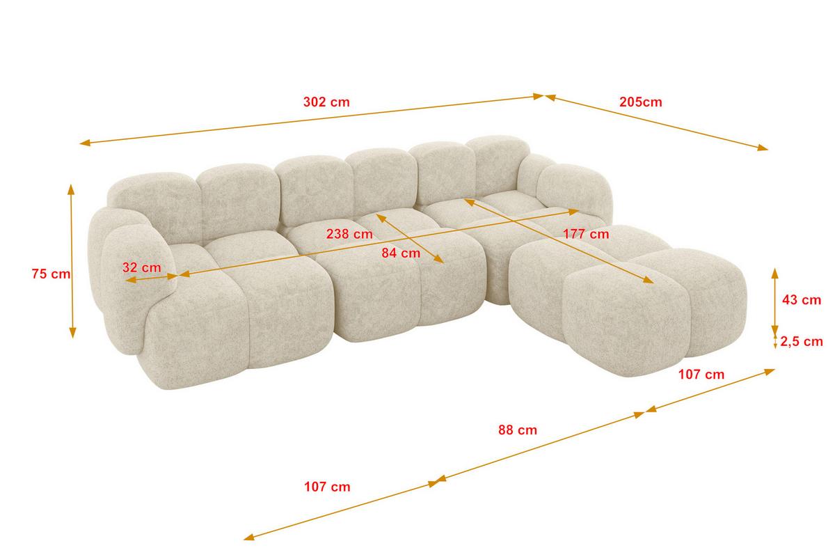 ECKSOFA modulares Sofa Rechts Miko-L2 302x205x75 Creme Velours - Creme/Schwarz, Holzwerkstoff/Kunststoff (302/205cm) - ALTDECOR