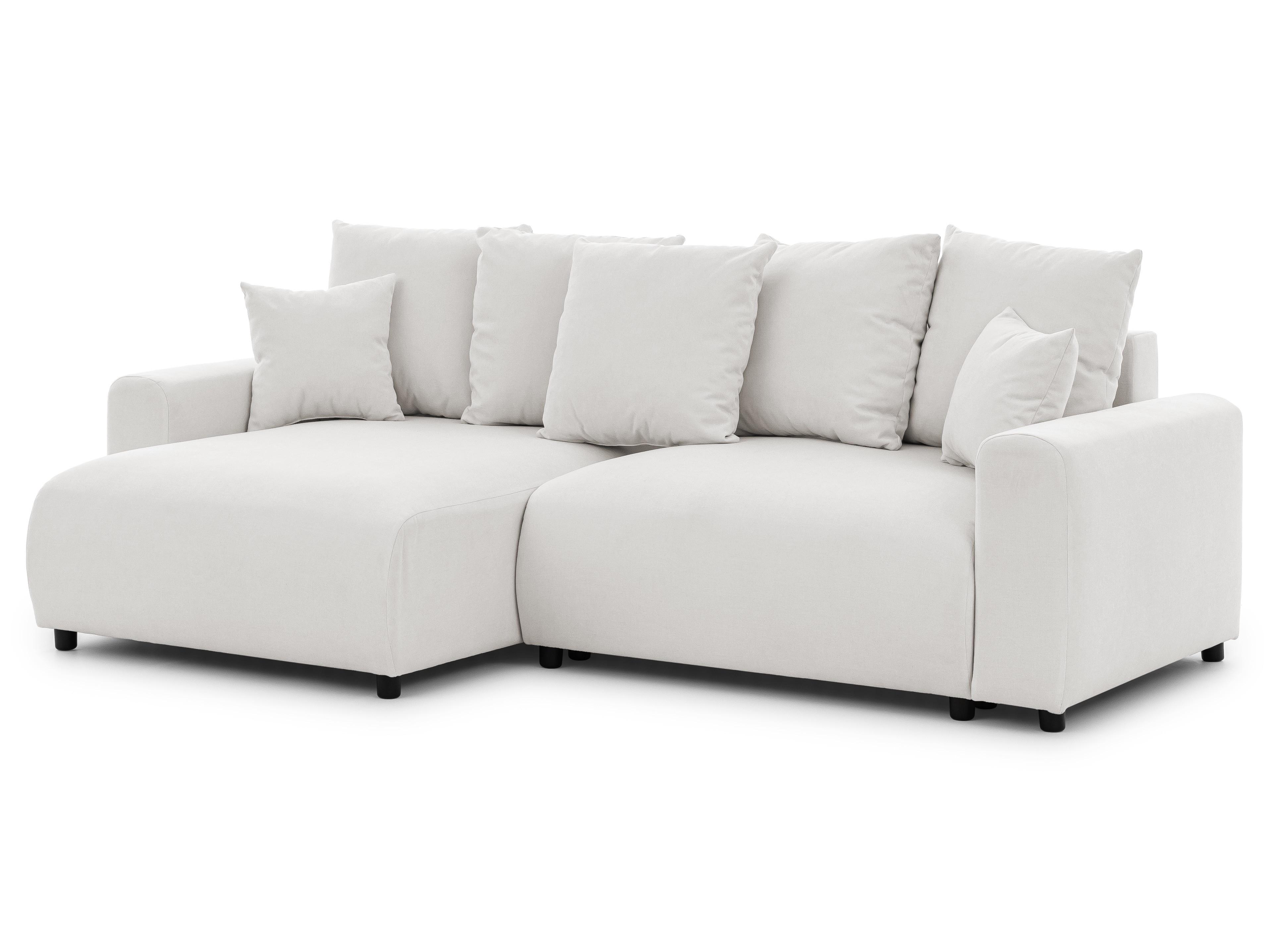 ECKSOFA Calma mit Schlaffunktion und Bettkasten im Bumpy-Design aus weichem Creme Webstoff - Ottomane links - Creme/Schwarz, Holz/Kunststoff (239/140cm) - S-Style
