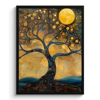 POSTER MIT RAHMEN Baum - Mond - Blumen - Gold - Kunst Posterleiste 60x80 cm - Orange, Papier (60/80cm) - MuchoWow