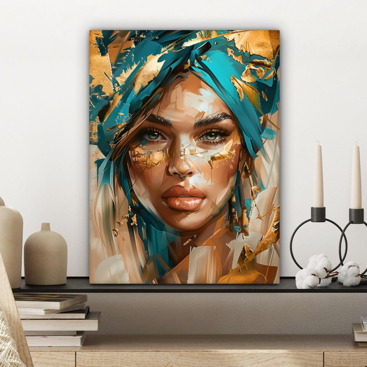 LEINWANDBILD Frau - Porträt - Gold - Luxus - Blau Room Decor 30x40 cm - Türkis, Textil (30/40cm) - MuchoWow
