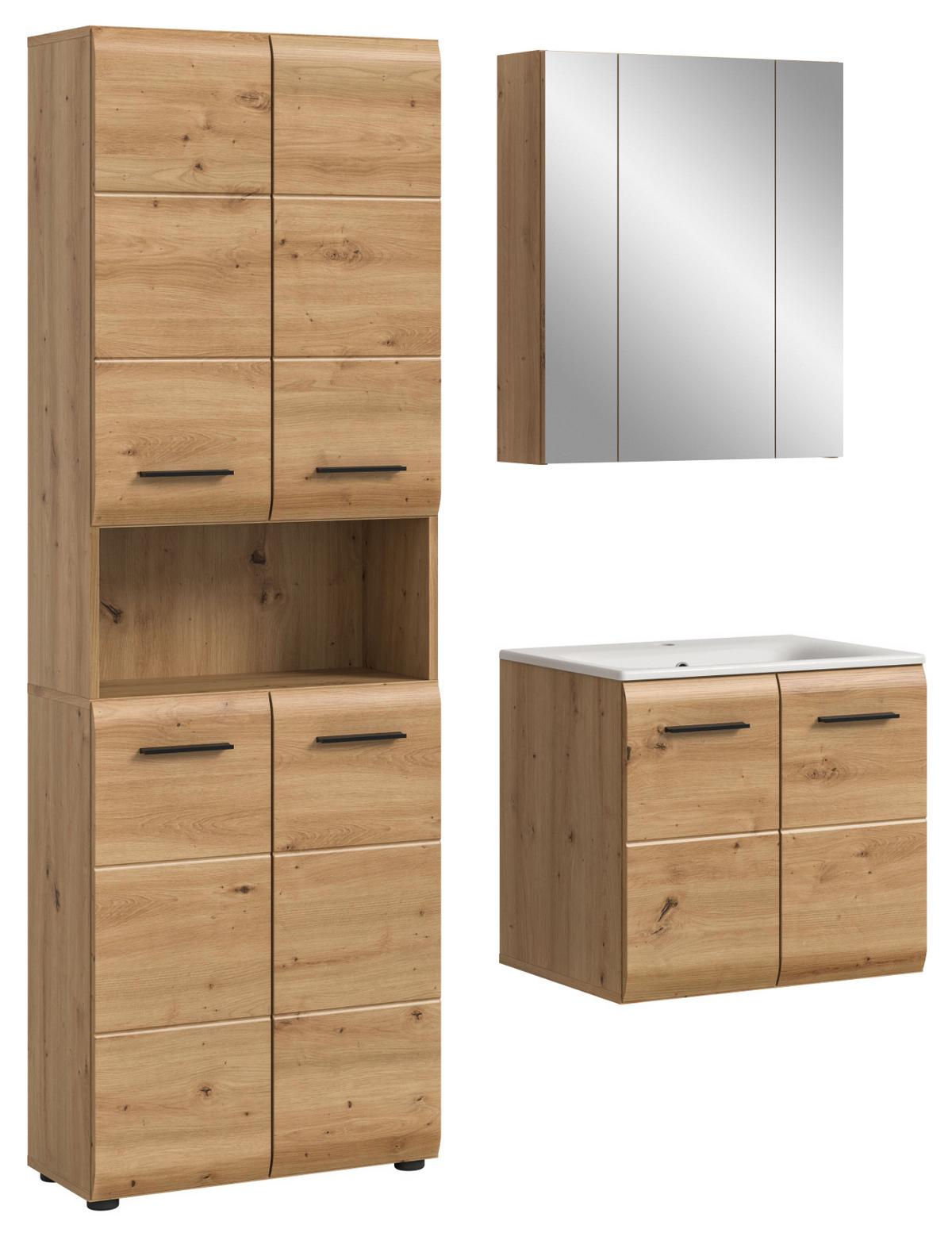 BADMÖBEL-SET Eiche Artisan 3-teilig, Badkombination 135 cm inklusive Waschbecken, Cover - Schwarz/Eiche Artisan, Glas/Keramik (135/185/46cm) - Inn.Furn