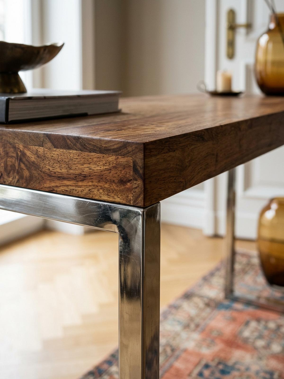 KONSOLENTISCH Massivholz Chromgestell Handgefertigt ISEN, Braun 120x45x77 cm - Silberfarben/Braun, Holz/Metall (45/120/77cm) - KADIMA DESIGN