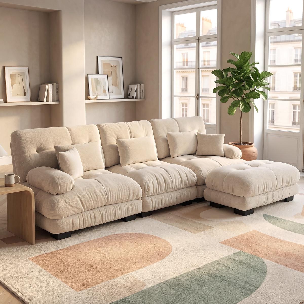 ECKSOFA Modulares 313cm Chenille Cloud-Sofa mit Ottoman für das Wohnzimmer - Cappuccino, Textil (313/145cm) - Urban Meuble
