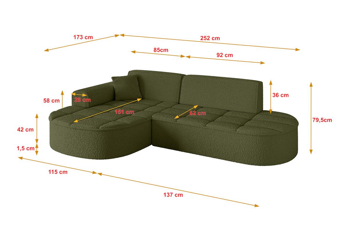 ECKSOFA Ottomane Links LIVO-L1 - 252x173x79,5 cm Grün - Grün, Holzwerkstoff/Textil (252/173cm) - ALTDECOR