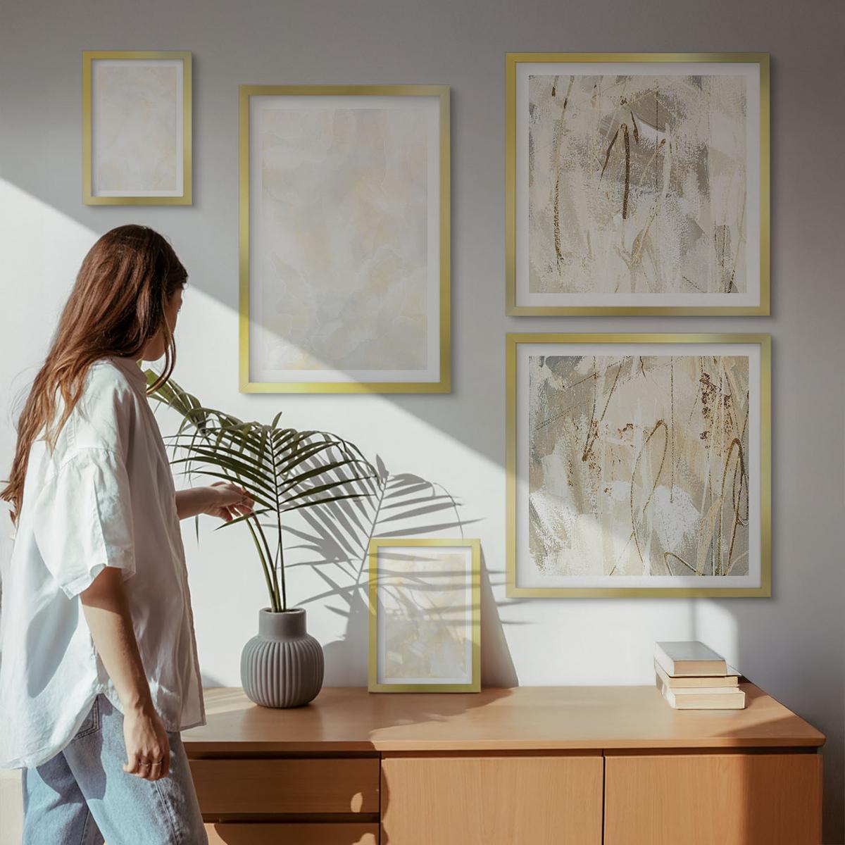 BILDER SET 5er Set - 50x50 cm & 20x30 cm & 40x60 cm Goldrahmen - Helles Strukturfarbendesign - Goldfarben, Kunststoff (40/60cm) - TULUP