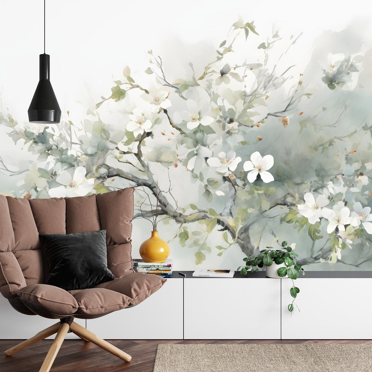 FOTOTAPETE für Wohnzimmer Aquarellbaum Blumen Natur 200x140 - Beige/Weiß, Papier (200/140cm) - Muralo