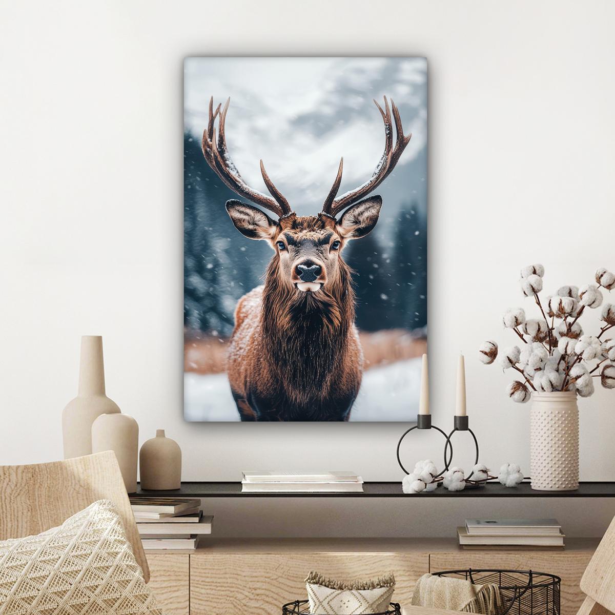 LEINWANDBILD Hirsche - Tiere - Landschaft - Winter - Schnee Wanddeko Schlafzimmer 60x90 cm - Kastanienfarben, Textil (60/90cm) - MuchoWow
