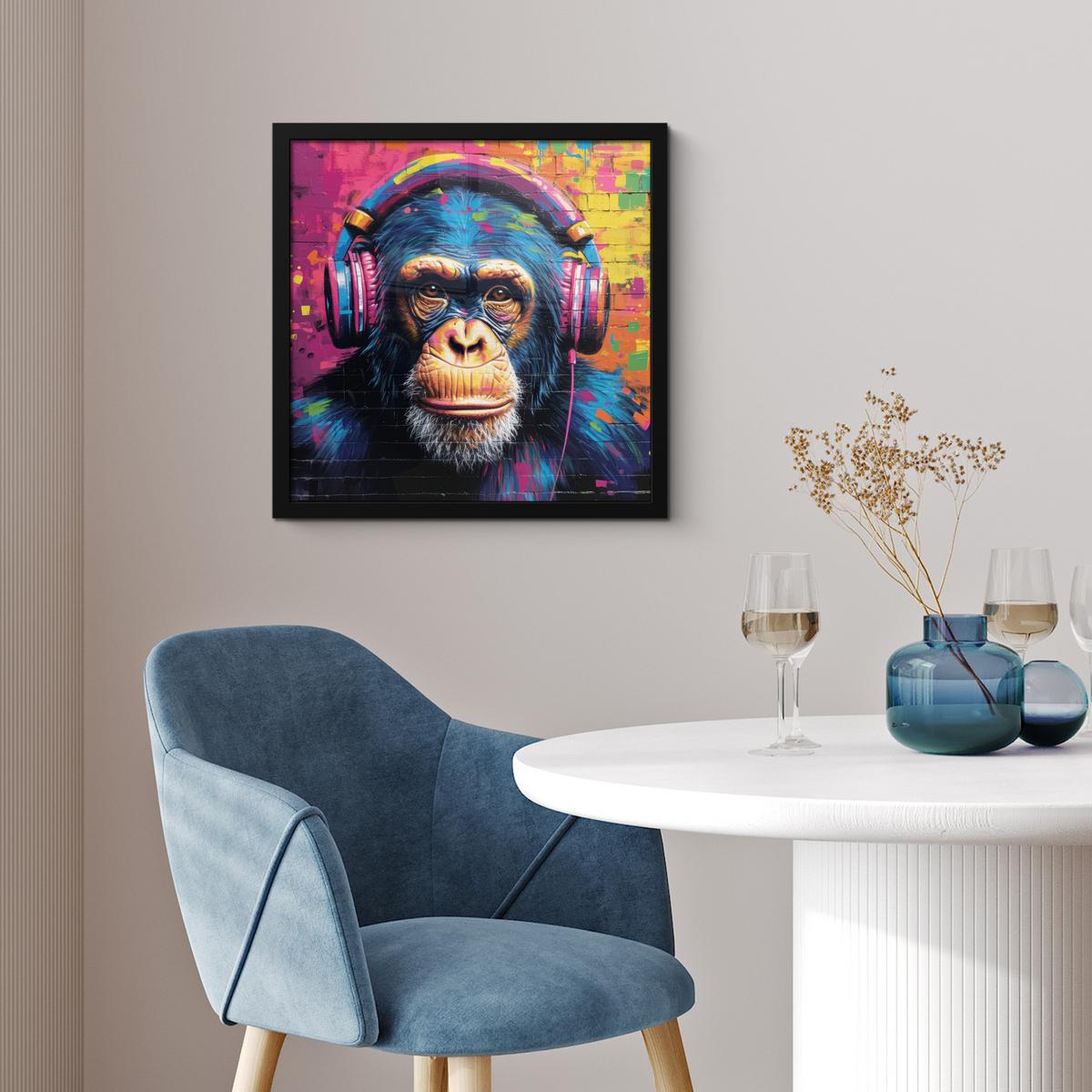 POSTER MIT RAHMENGERAHMTES BILD Graffiti - Schimpanse - Straßenkunst - Kopfhörer - Affe 40x40 cm - Blau, Papier (40/40cm) - MuchoWow