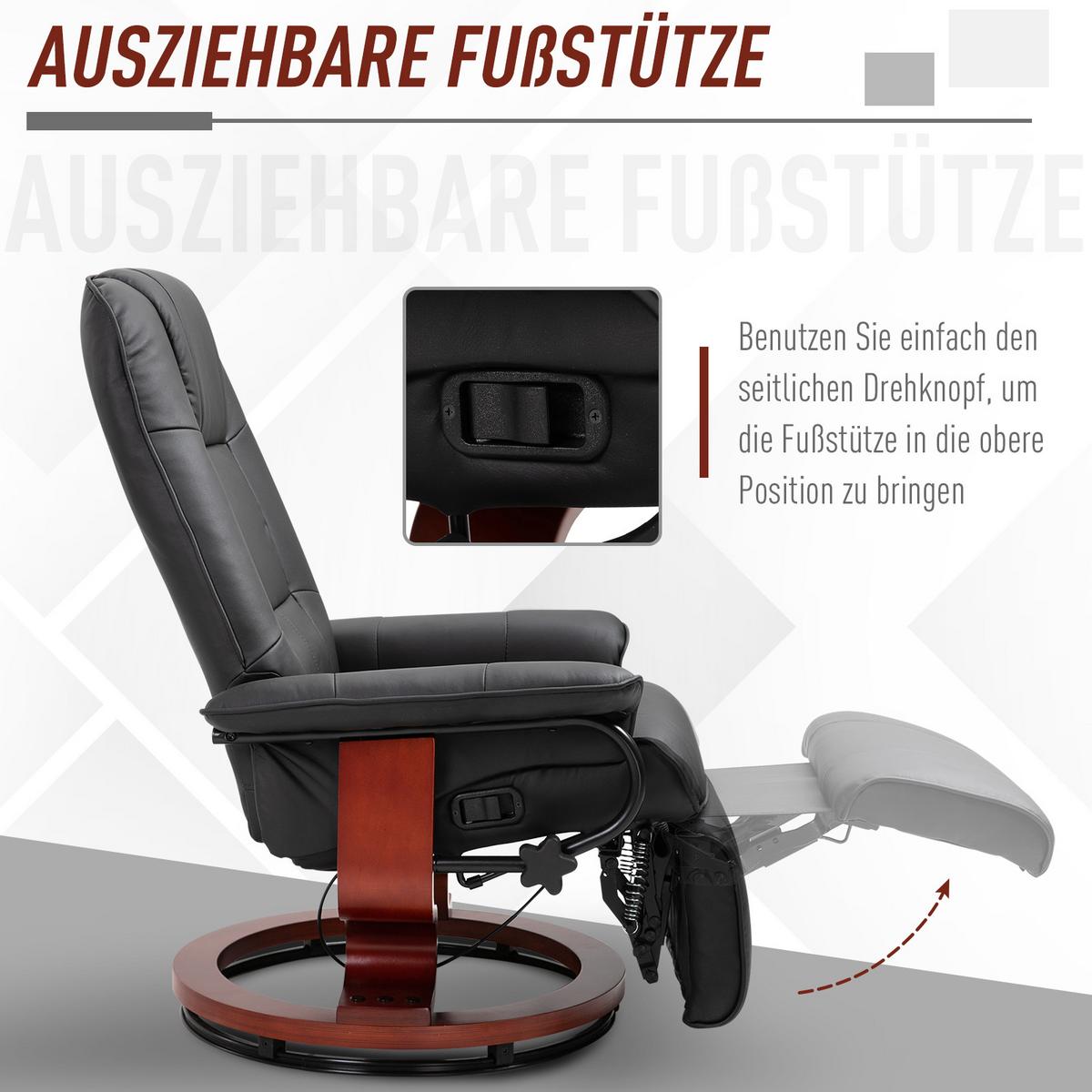 FERNSEHSESSEL Relaxsessel Liegesessel Kunstleder 360° Drehstuhl Holzfuß neigbar - Schwarz/Braun, Leder/Holz (87/100/78cm) - HOMCOM