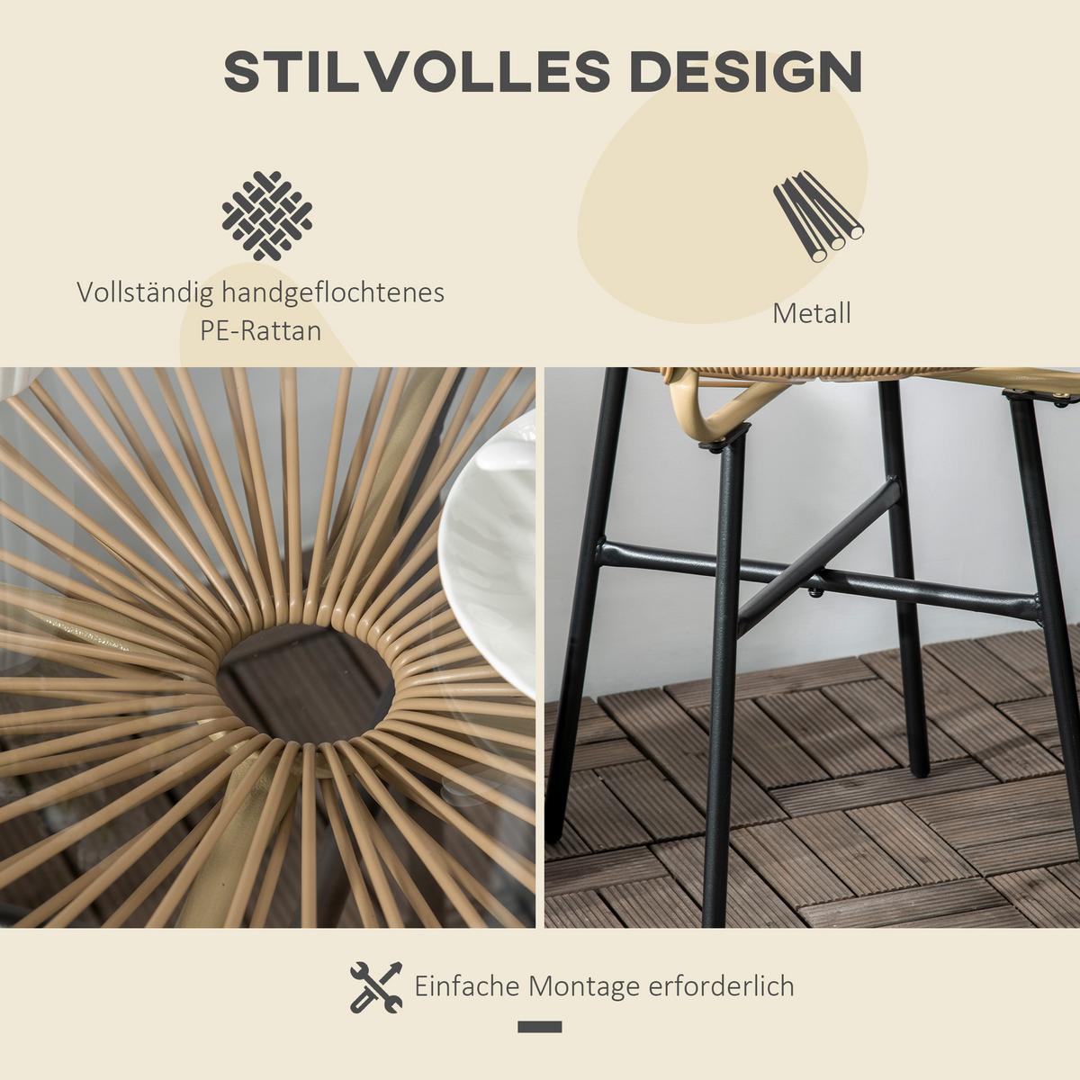 BALKONTISCH, Beige, Eisen, PE-Rattan, Glas - Beige, Kunststoff (50/50/50cm) - Outsunny