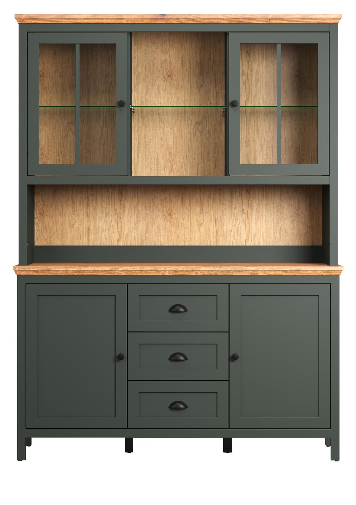 BUFFETSCHRANK grün, Evoke Eiche Landhaus 146 x 198 cm, Vitrine inklusive LED - Eichefarben/Schwarz, Glas/Holzwerkstoff (45/198/146cm) - Top.Furn