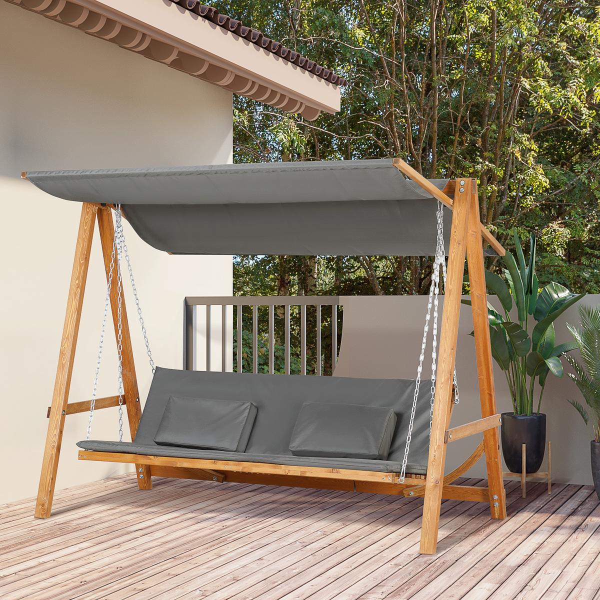 HOLLYWOODSCHAUKEL, mit Dach, Polyester, Grau, 225,5 x 130 x 180 cm - Grau, Holz (130/180/225.5cm) - Outsunny