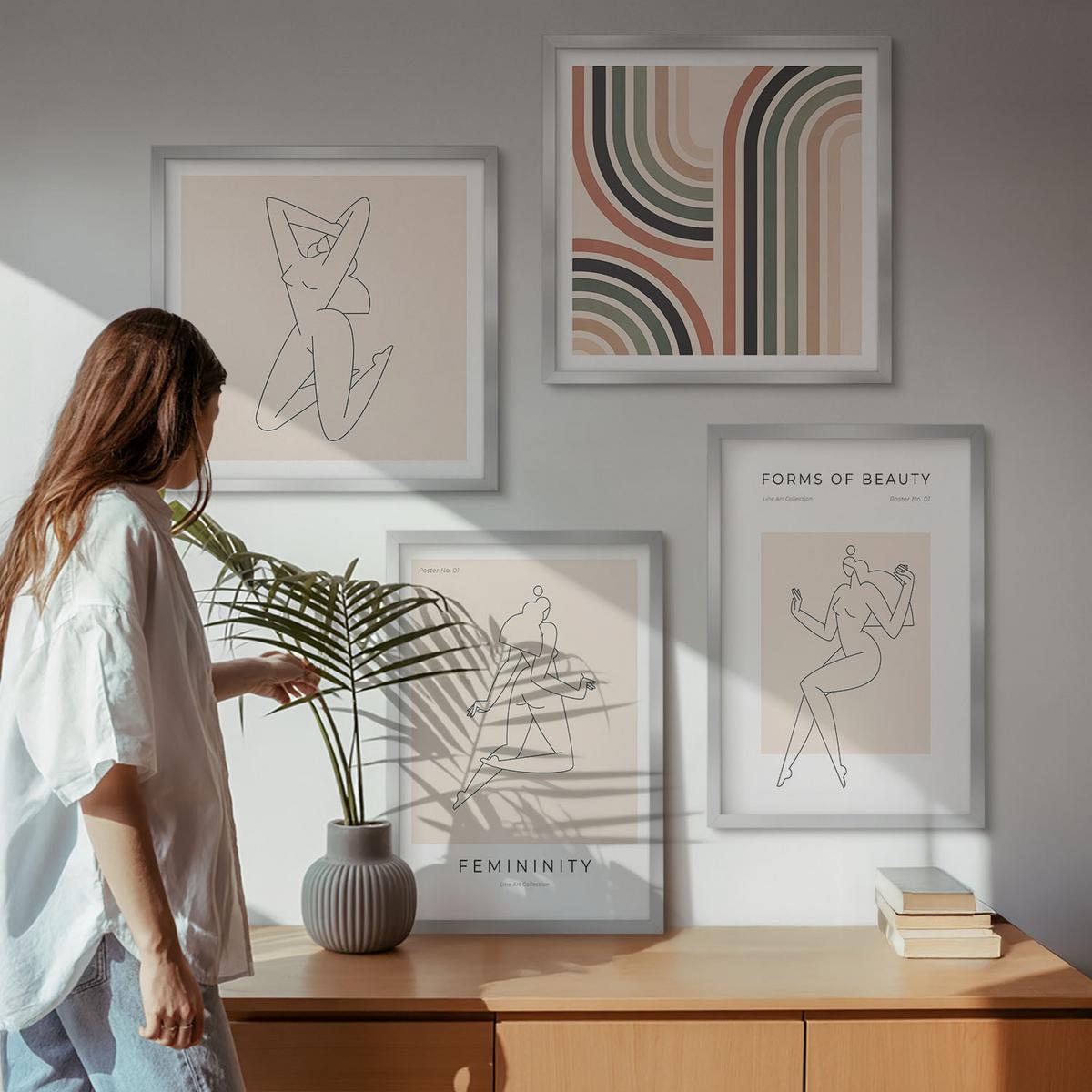 BILDER SET 4er Set - 50x50 cm & 40x60 cm Silberner Rahmen - Weibliche Silhouetten auf Plakaten - Silberfarben, Kunststoff (50/50cm) - TULUP