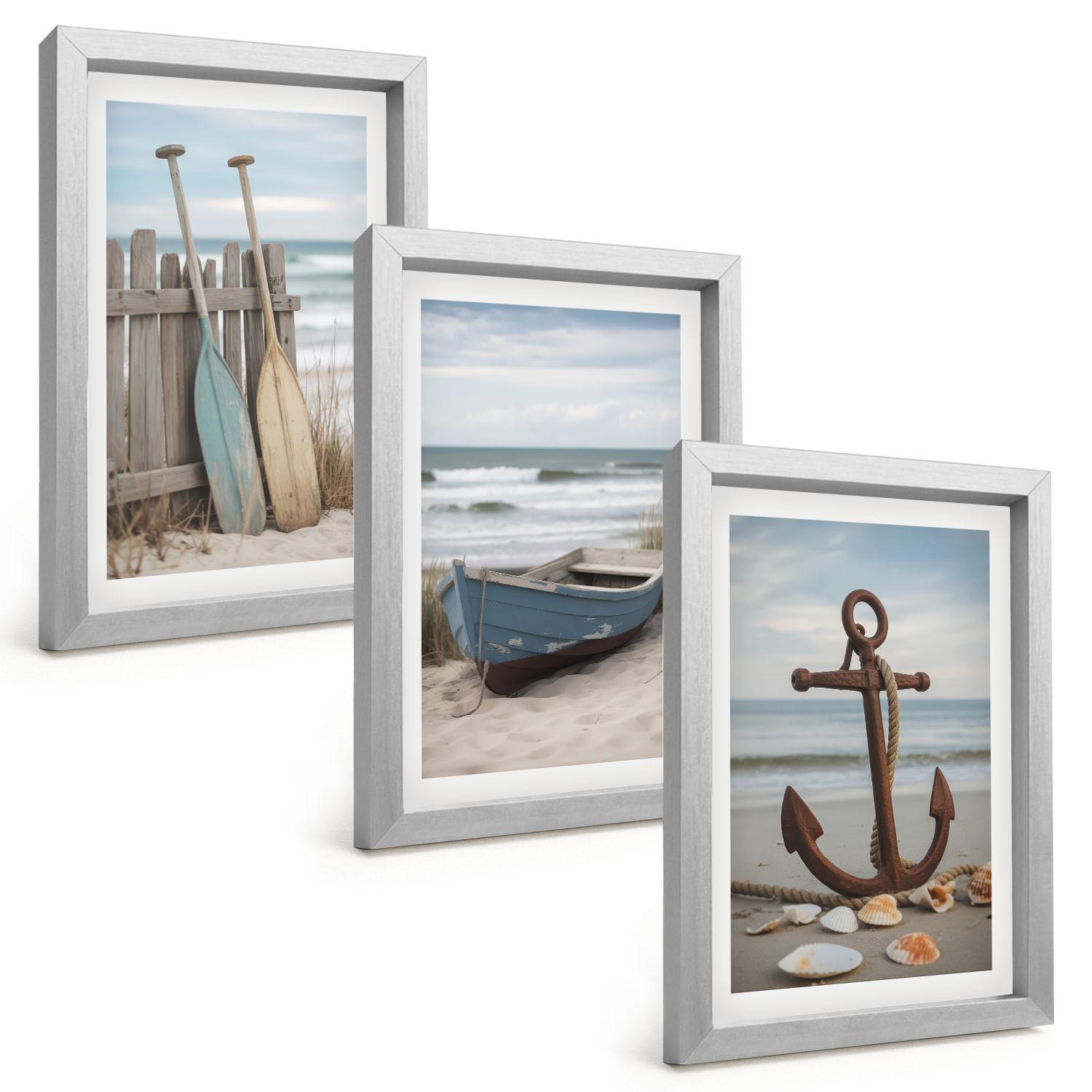 BILDER SET 3er Set - 20x30 cm Silberner Rahmen - Strandbootanker Sand - Silberfarben, Kunststoff (20/30cm) - TULUP