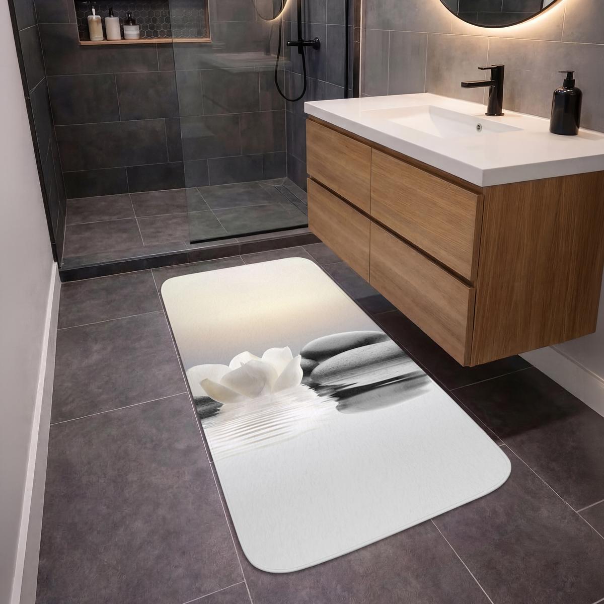 BADEMATTE Steine - Lotus - Weiß - Wasser - Zen 60x120 cm - Weiß, Textil (60/120cm) - OnlyWow