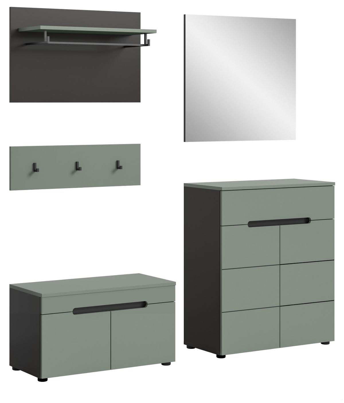 GARDEROBEN-SET Salbei grün, grau 175 cm, Flurmöbel mit Soft-Close - Salbeigrün/Schwarz, Glas/Holzwerkstoff (175/190/37cm) - Inn.Furn