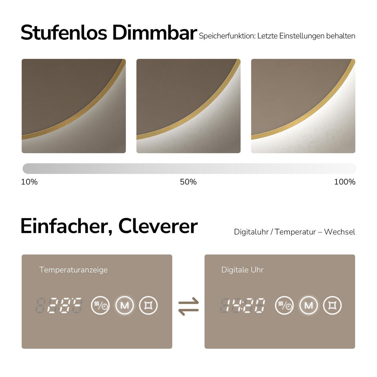 BADSPIEGEL mit LED-Beleuchtung, Anti-Beschlag-Funktion und Uhrzeitanzeige, Goldfarben, Ø 80 cm - Goldfarben, Glas (80/80/3.3cm) - EMKE