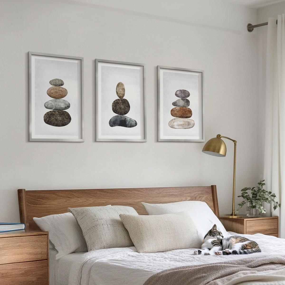 BILDER SET 3er Set - 40x60 cm Silberner Rahmen - Minimalistische Boho-Steine - Silberfarben, Kunststoff (40/60cm) - TULUP