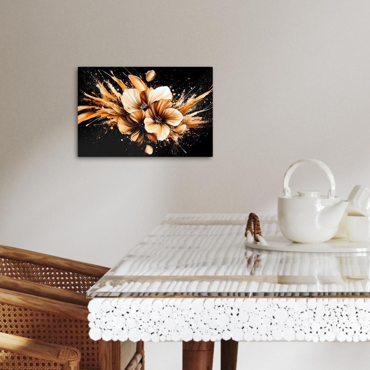 LEINWANDBILD Blumen - Gold - Graffiti - Schwarz - Abstrakt Deko Schlafzimmer 30x20 cm - Cappuccino, Textil (30/20cm) - MuchoWow