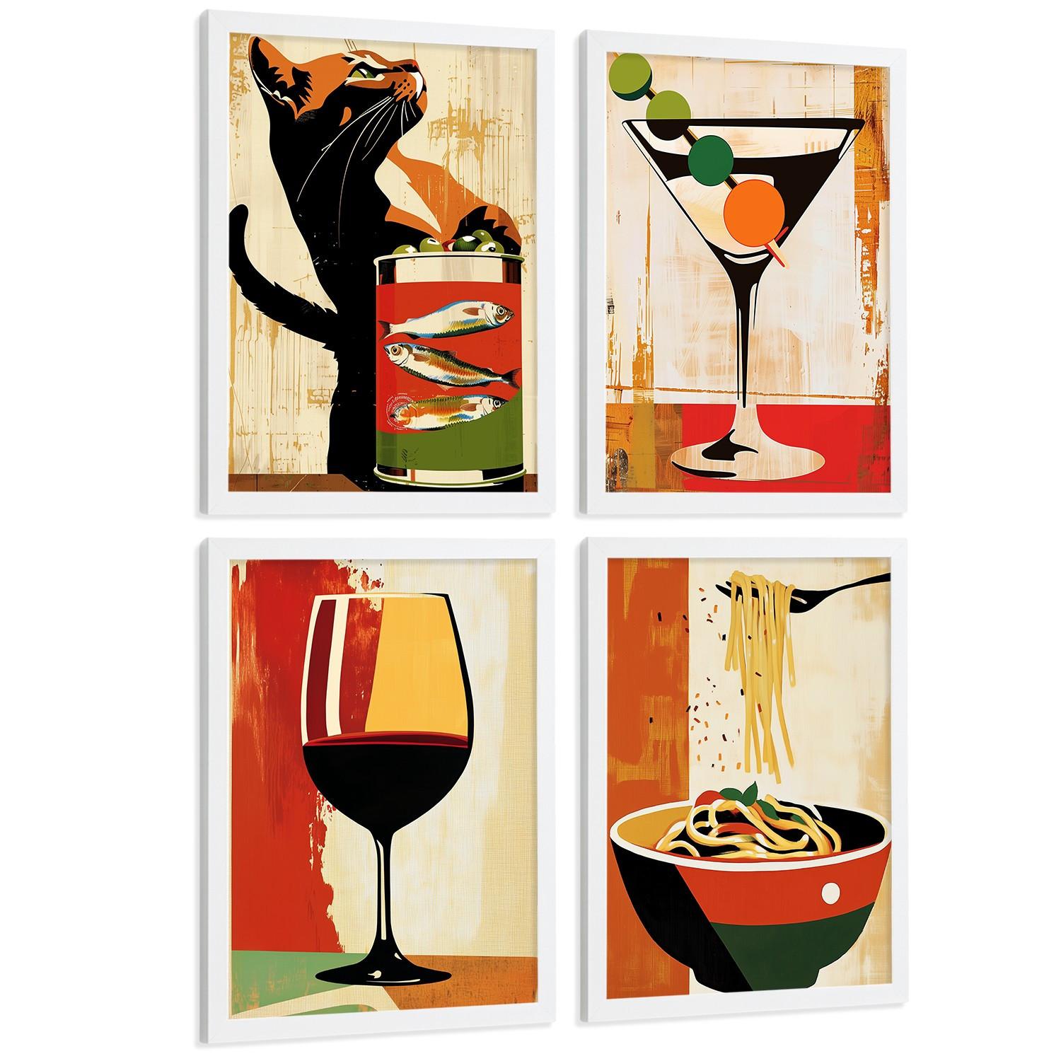 POSTER 4er Set Küchen-Wandbilder Vintage Katze Sardinen Martini Wein und Pasta Retro Esszimmer Bar Deko Weißer Rahmen A3 - Weiß, Papier (29.7/1/42cm) - Nacnic