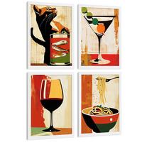 POSTER 4er Set Küchen-Wandbilder Vintage Katze Sardinen Martini Wein und Pasta Retro Esszimmer Bar Deko Weißer Rahmen A3 - Weiß, Papier (29.7/1/42cm) - Nacnic
