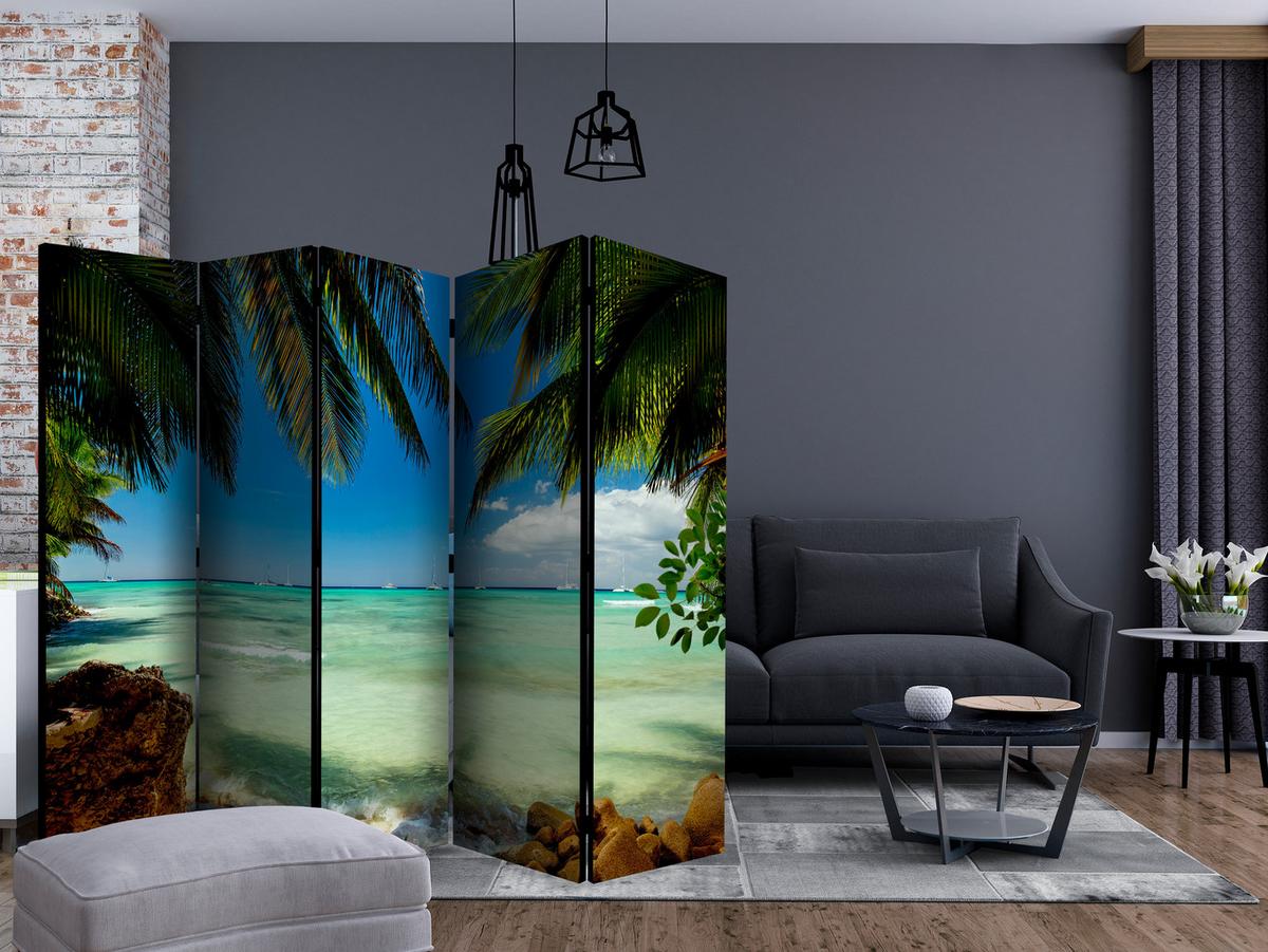 PARAVENT Einseitig Bedruckter 5-tlg 225x172 cm Palmen Strand Meer 3D - Blau, Holz/Textil (225/172/3cm) - Muralo