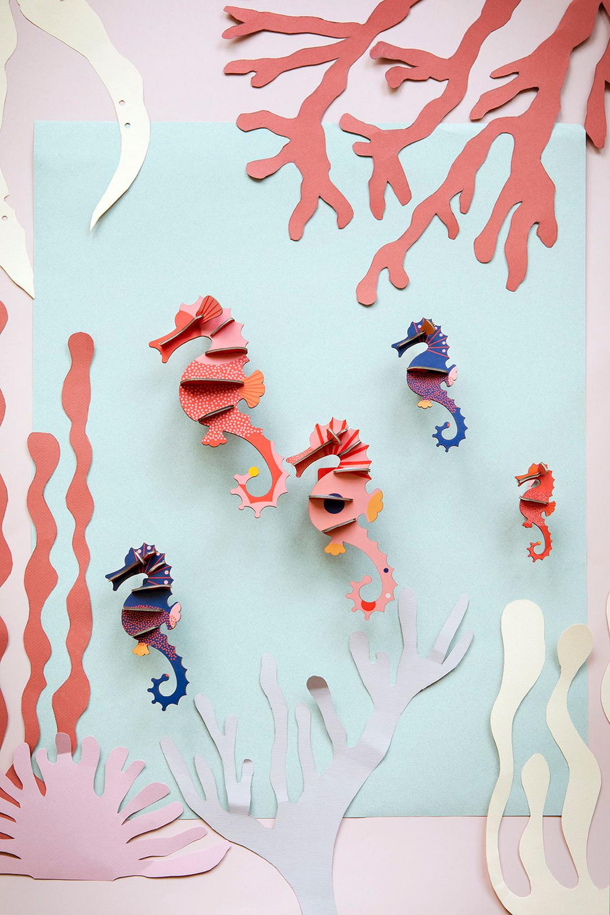 WANDDEKO Seepferdchen-Set 7/3 cm - Blau/Pink, Wellpappe (7/3/21cm) - Studio Roof