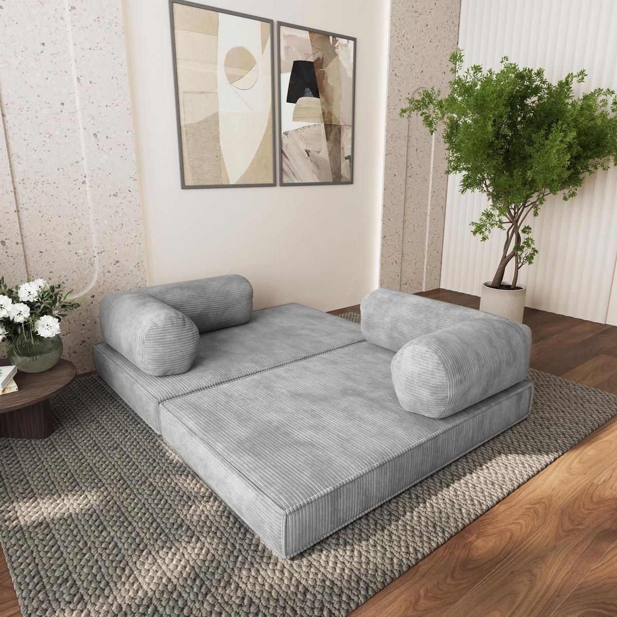 ECKSOFA ETERA modulares Boneless Sofa mit Schlaffunktion Hellgrau Cordstoff - Hellgrau, Textil (270/160cm) - MASSENO
