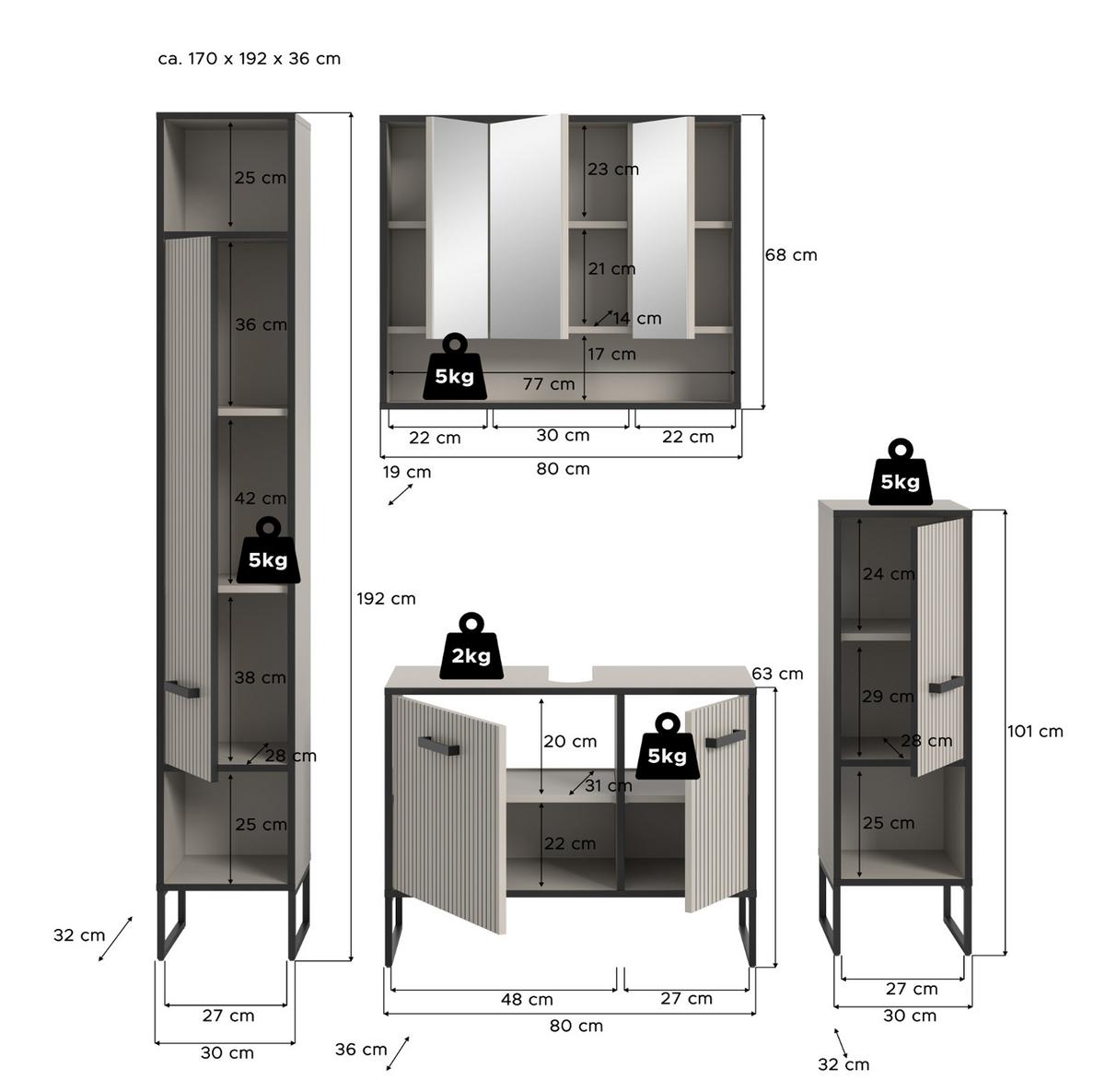 BADMÖBEL-SET 4-teilig Sand und schwarz 170 cm, Badkombination mit Soft-Close - Sandfarben/Schwarz, Glas/Holzwerkstoff (170/192/36cm) - Inn.Furn