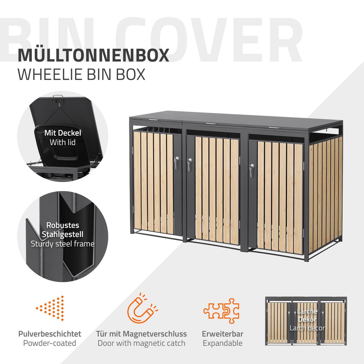 MÜLLTONNENBOX 3er Anthrazit-Holzoptik - Naturfarben, Metall (200/120/80cm) - ML-DESIGN